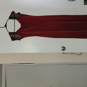Red velvet dress with mesh cap sleeves.